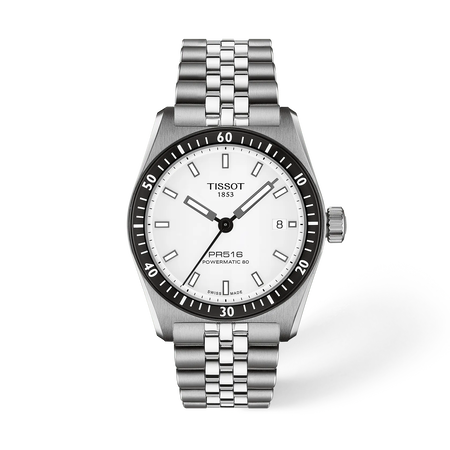 Vue de face de la montre Tissot PR516 38mm avec ombre