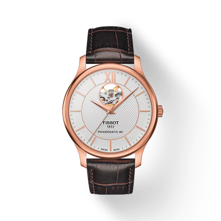 Front view of the watch Tissot Tradition Powermatic 80 Open Heart with shadow