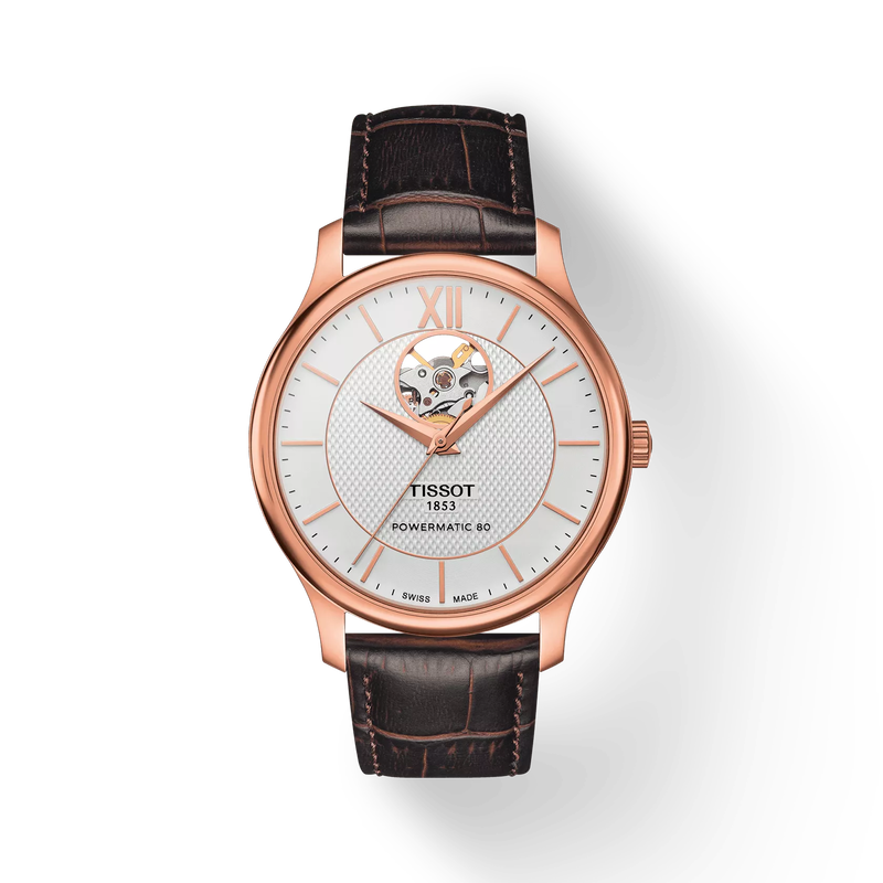Front view of the watch Tissot Tradition Powermatic 80 Open Heart with shadow