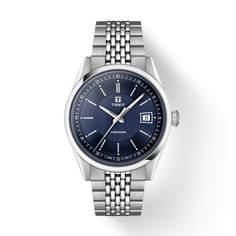 Vue de face de la montre Tissot Visodate 39mm avec ombre