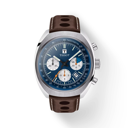 Vue de face de la montre Tissot Heritage 1973 avec ombre