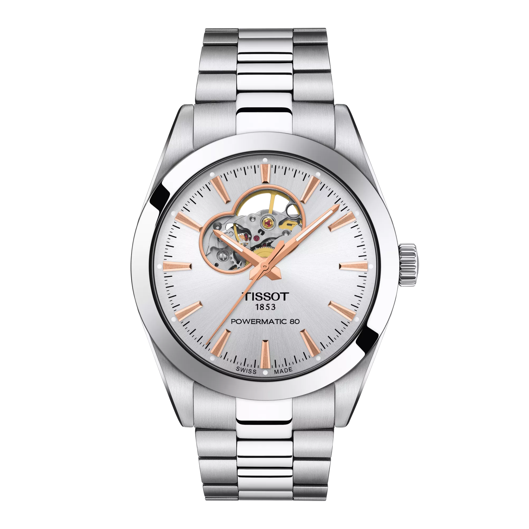 Front view of the watch Tissot Gentleman Open Heart 40mm