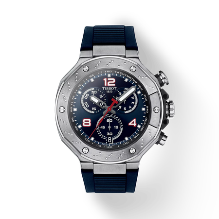 Front view of the watch Tissot T-Race MotoGP™ Chronograph 2024 Limited Edition with shadow