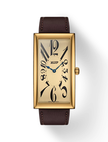 Front view of the watch Tissot Heritage Banana Centenary Edition with shadow