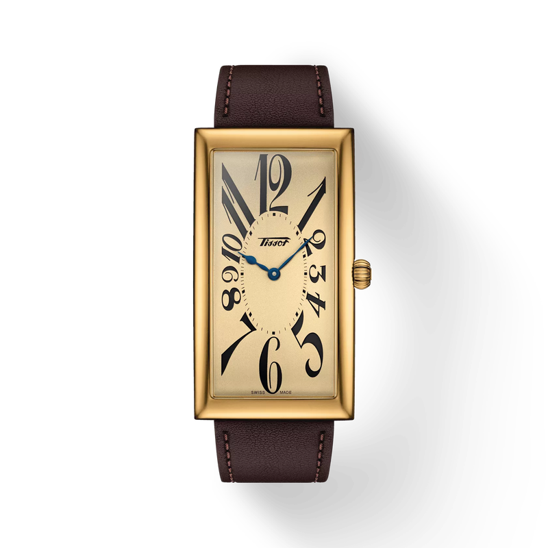 Front view of the watch Tissot Heritage Banana Centenary Edition with shadow