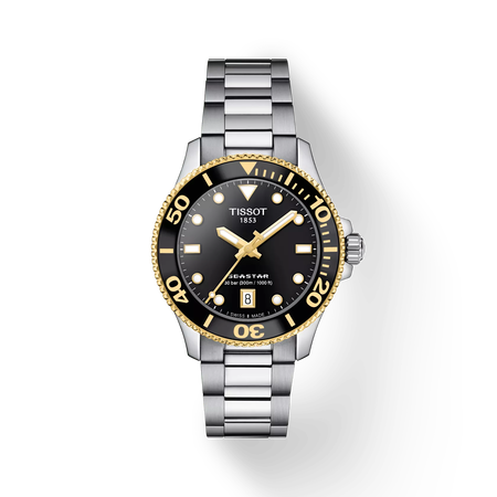 그림자가 있는 티쏘 씨스타 1000 36mm 시계의 전면 보기