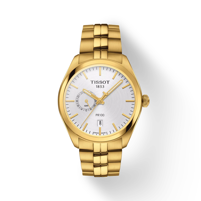 Front view of the watch Tissot PR 100 Dual Time with shadow