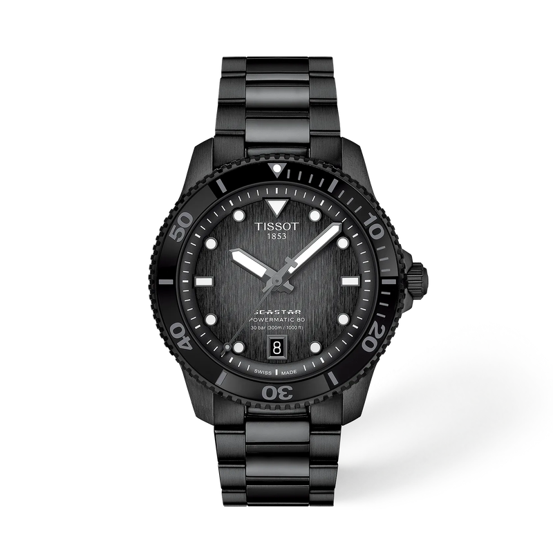 Front view of the watch Tissot Seastar 1000 40mm with shadow