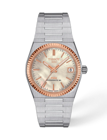 Vista frontal del reloj Tissot PRX Gold 35mm con sombra