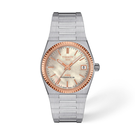 Vista frontal del reloj Tissot PRX Gold 35mm con sombra