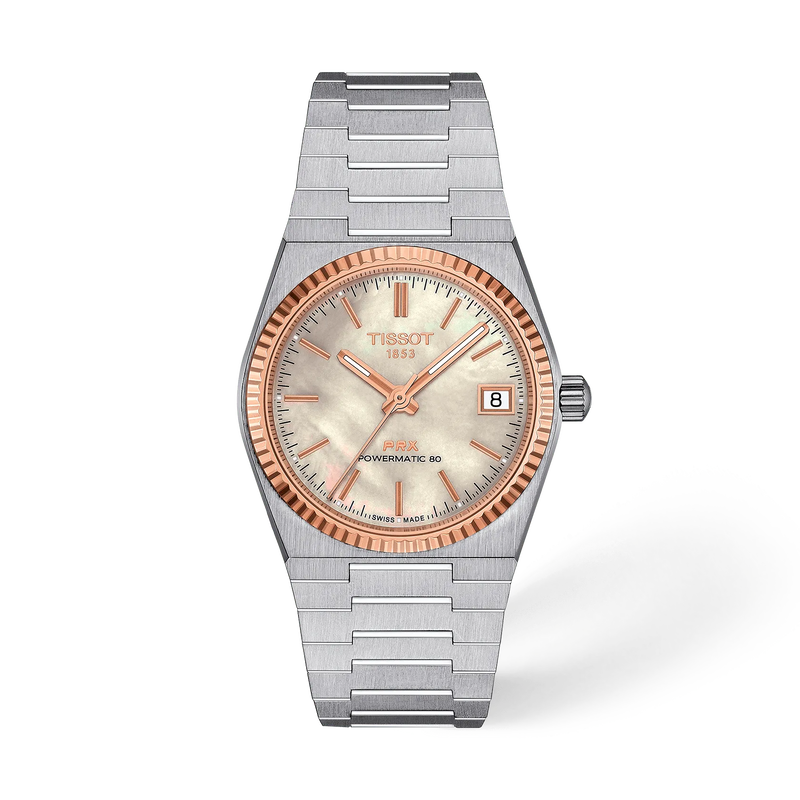 Front view of the watch Tissot PRX Gold 35mm with shadow