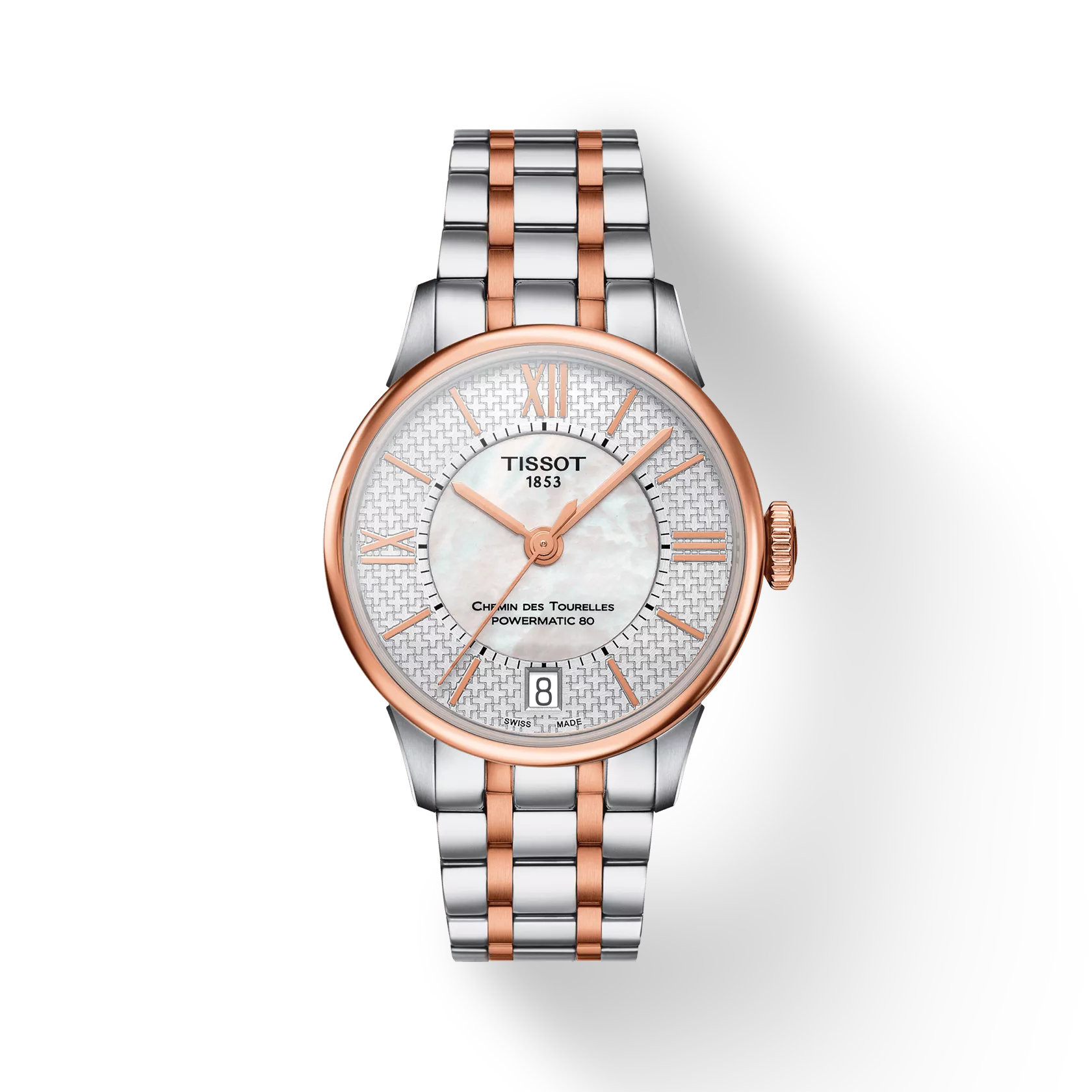 Vue de face de la montre Tissot Chemin des Tourelles Powermatic 80 Helvetic Pride Lady avec ombre