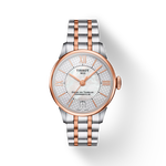 Front view of the watch Tissot Chemin des Tourelles Powermatic 80 Helvetic Pride Lady with shadow
