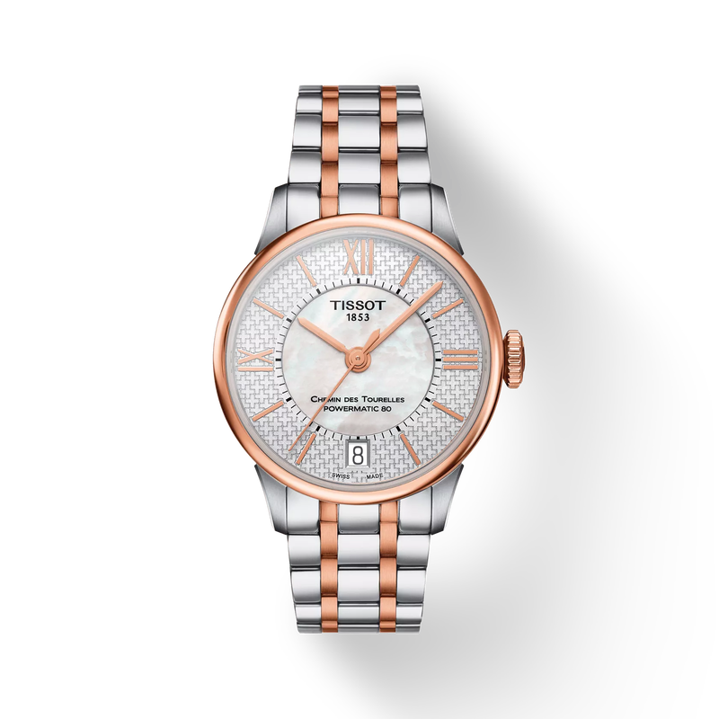 Vue de face de la montre Tissot Chemin des Tourelles Powermatic 80 Helvetic Pride Lady avec ombre