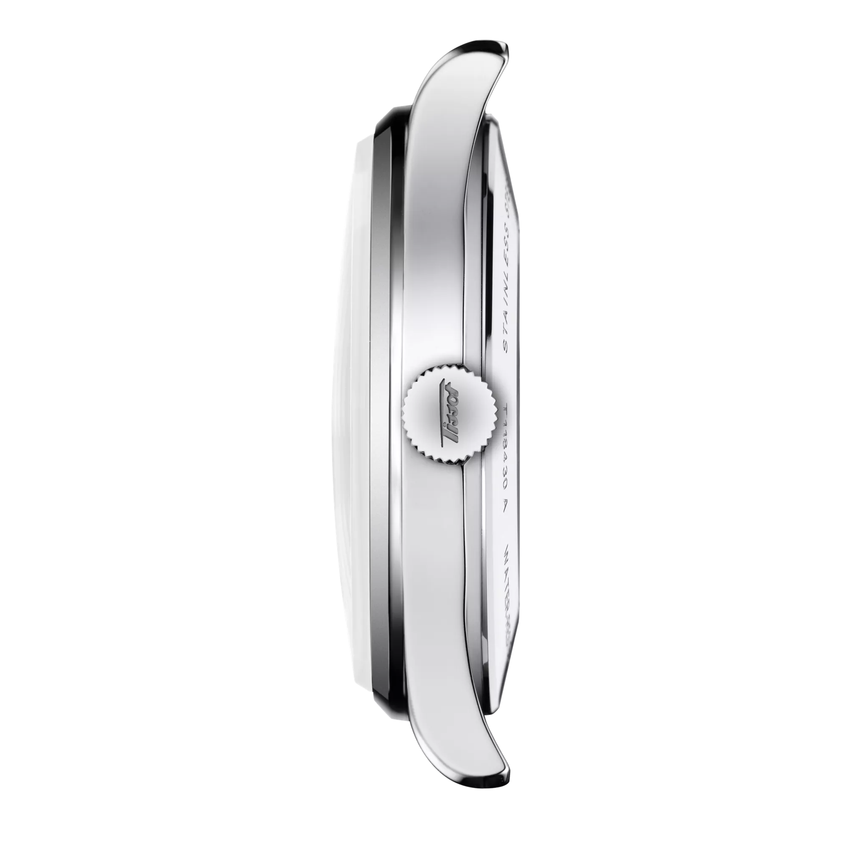 Profile view of the watch case Tissot Heritage Visodate Powermatic 80