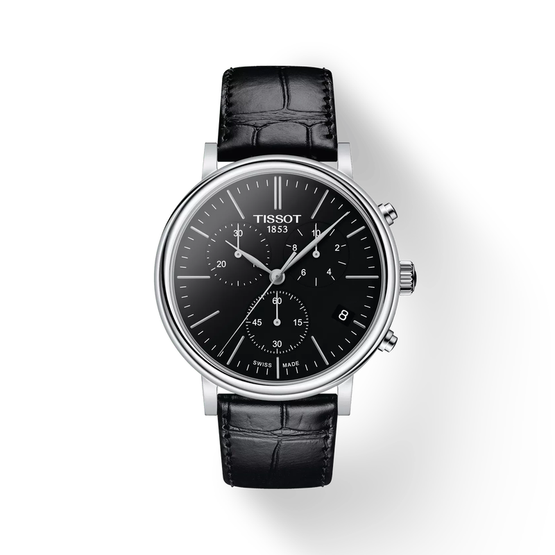 Front view of the watch Tissot Carson Premium Chronograph with shadow