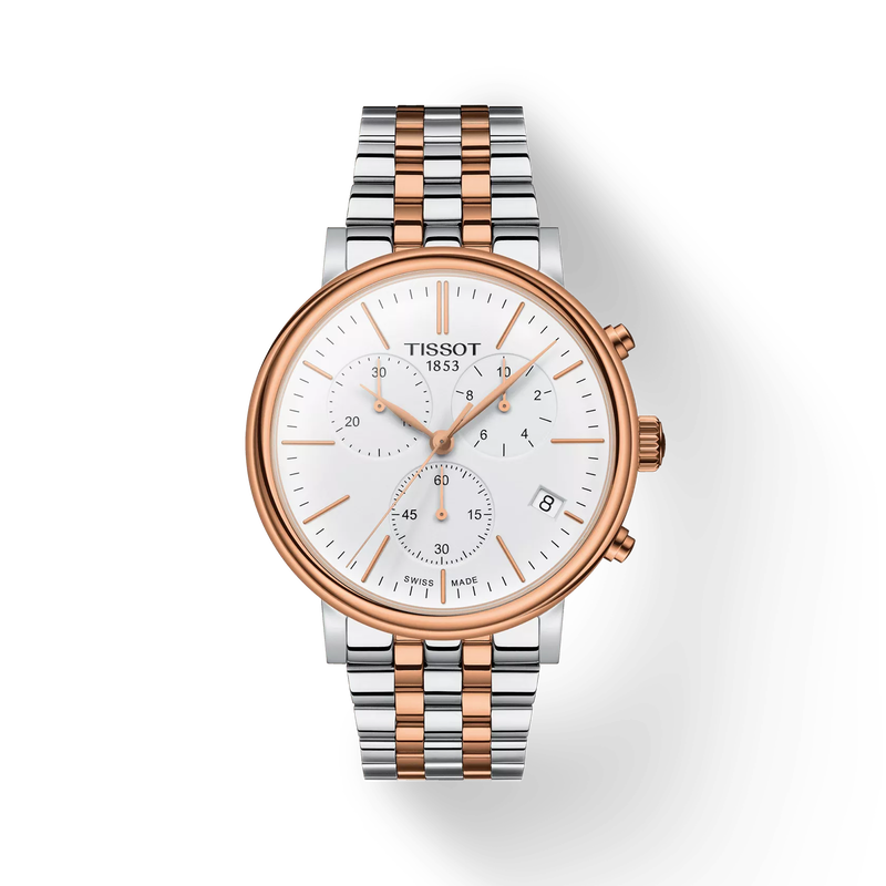 Front view of the watch Tissot Carson Premium Chronograph with shadow