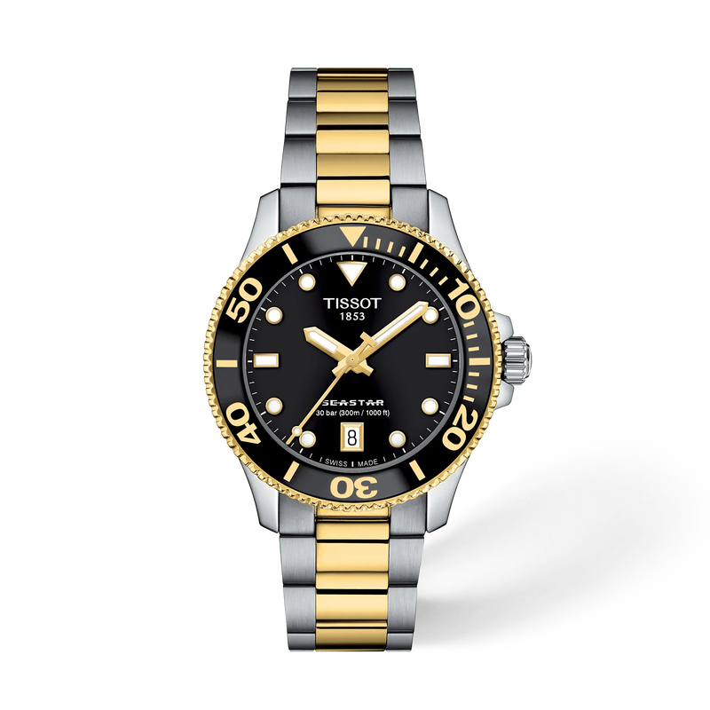 Front view of the watch Tissot Seastar 1000 36mm with shadow