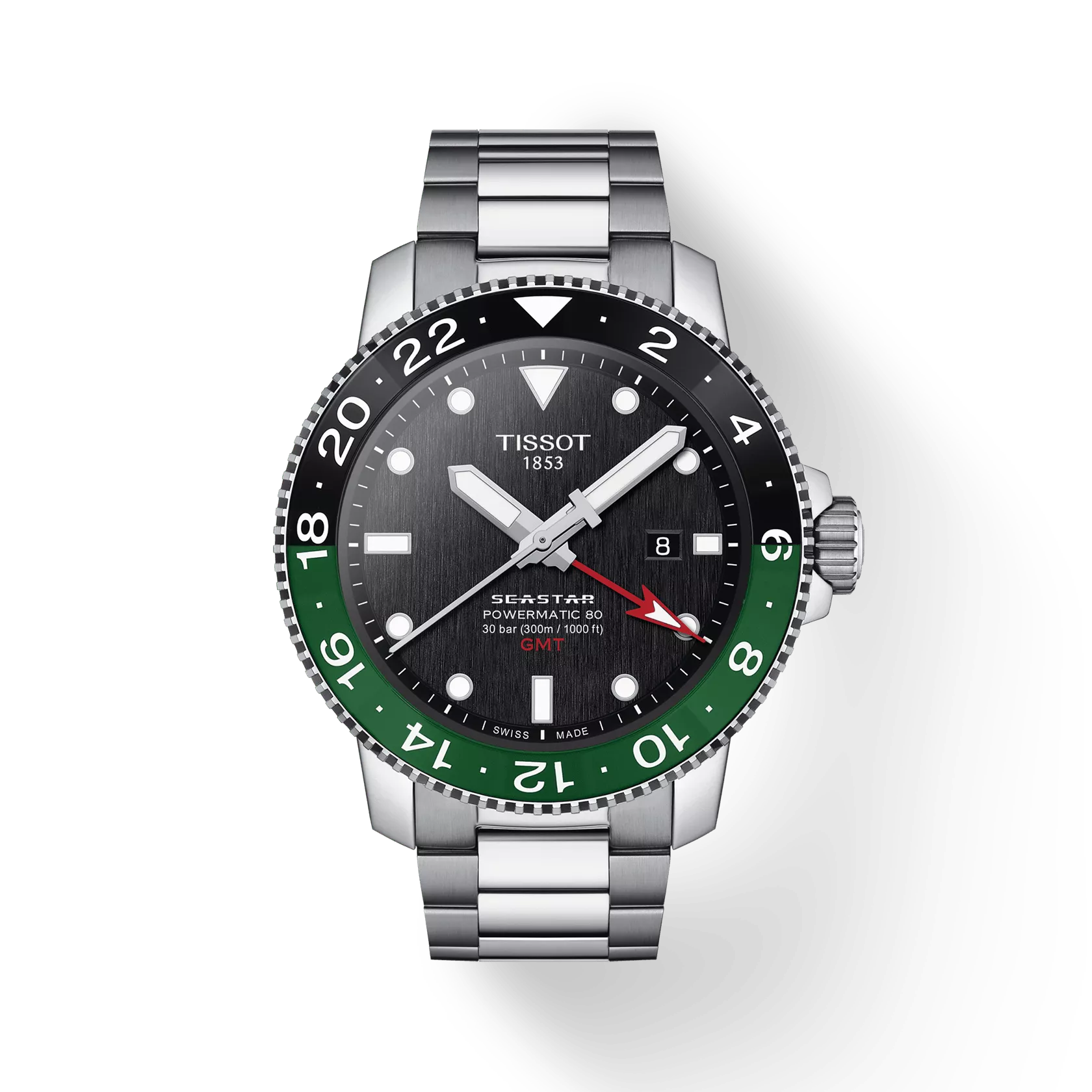 Front view of the watch Tissot Seastar 1000 Powermatic 80 GMT with shadow