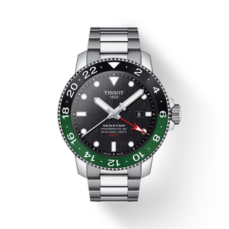 Front view of the watch Tissot Seastar 1000 Powermatic 80 GMT with shadow