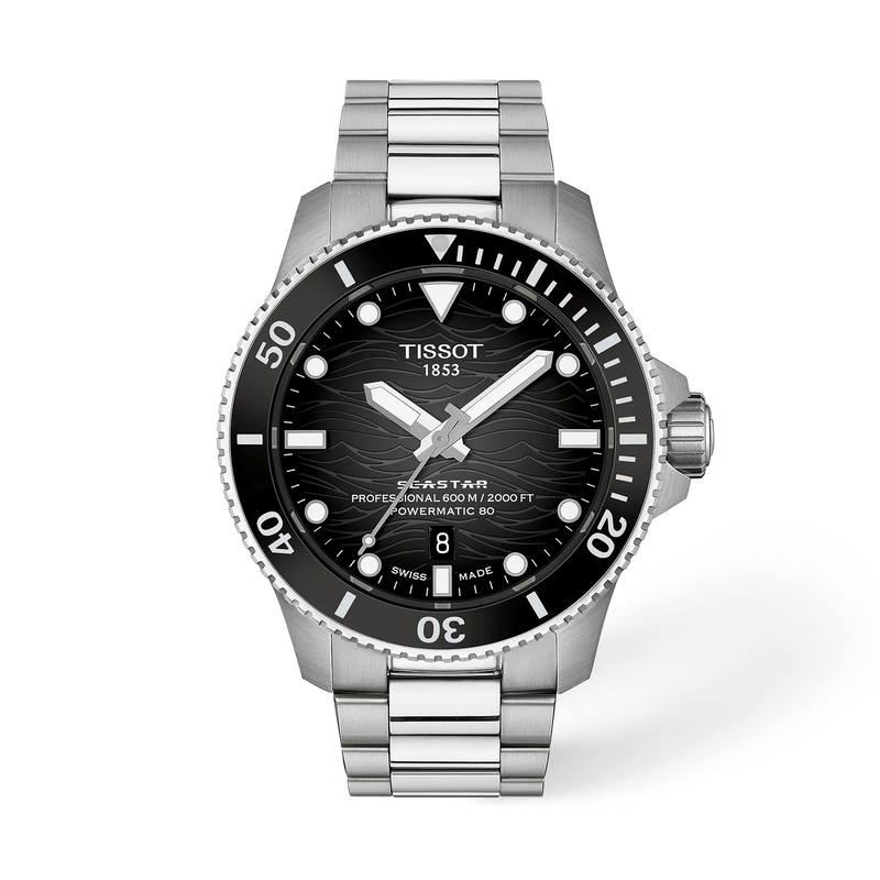 Vue de face de la montre Tissot Seastar 2000 44mm avec ombre