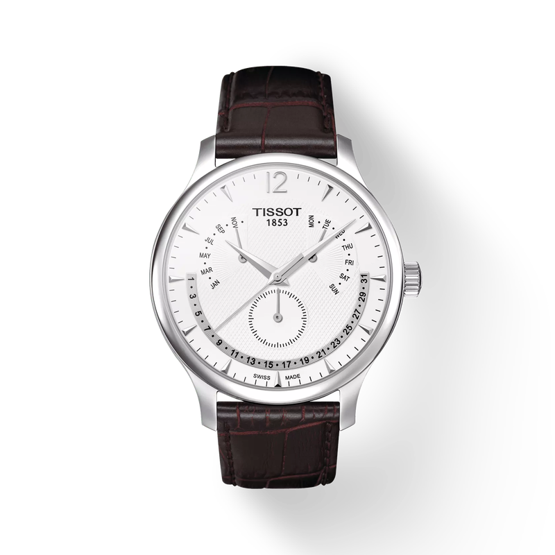 Front view of the watch Tissot Tradition Perpetual Calendar with shadow