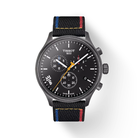 Front view of the watch Tissot Chrono XL Brooklyn Nets with shadow