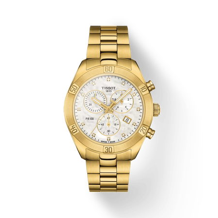 Front view of the watch Tissot PR 100 Sport Chic Chronograph with shadow