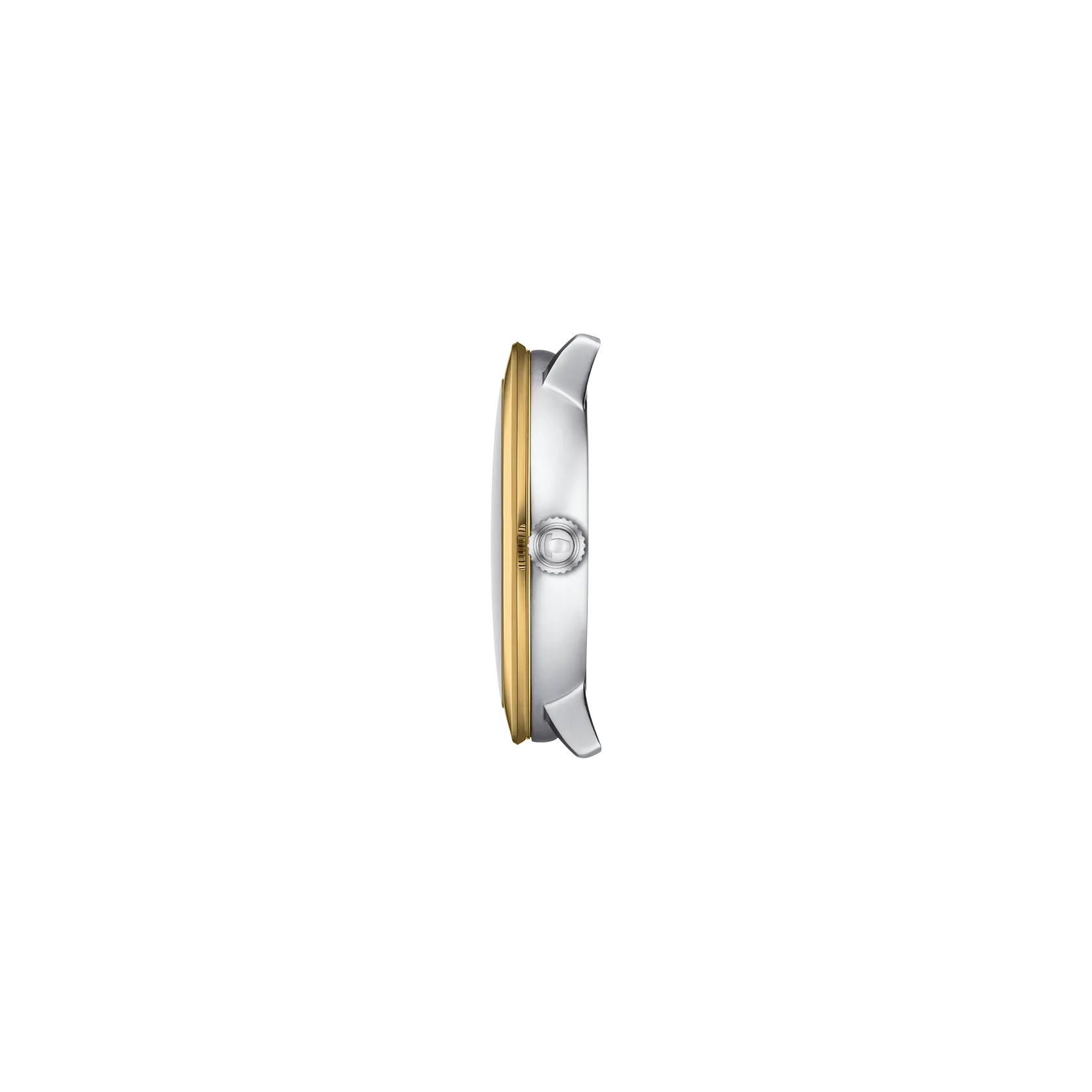 Profile view of the watch case Tissot Glendora Gold 33mm