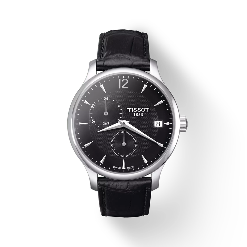 Front view of the watch Tissot Tradition GMT with shadow