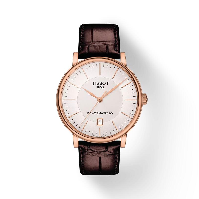 Front view of the watch Tissot Carson Premium Powermatic 80 with shadow