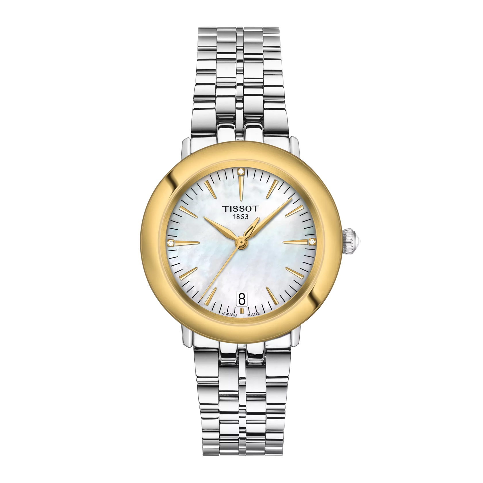 Vista frontal del reloj Tissot Glendora Gold 33mm