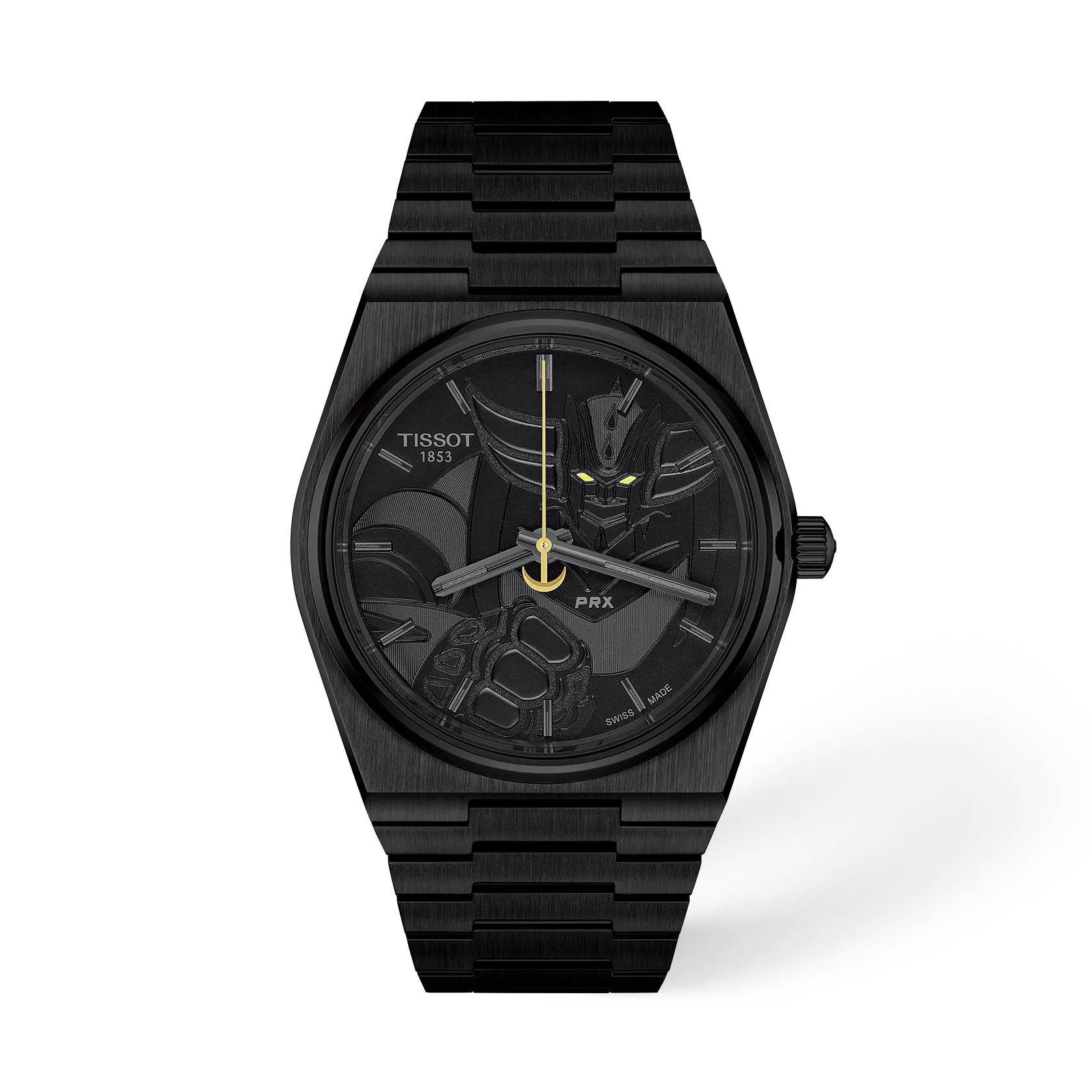 Front view of the watch Tissot PRX UFO Robot Grendizer 50th Anniversary 40mm with shadow