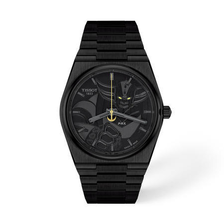 Front view of the watch Tissot PRX UFO Robot Grendizer 50th Anniversary 40mm with shadow