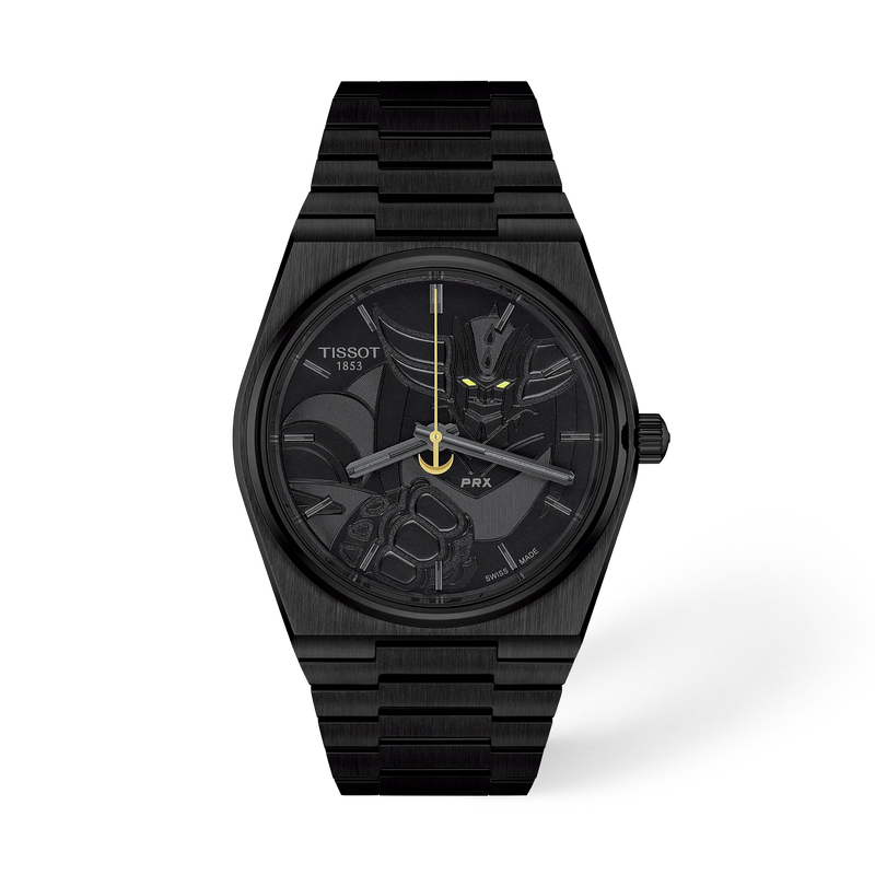 Front view of the watch Tissot PRX UFO Robot Grendizer 50th Anniversary 40mm with shadow