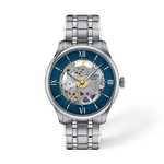 Vue de face de la montre Tissot Chemin des Tourelles Skeleton 39mm avec ombre