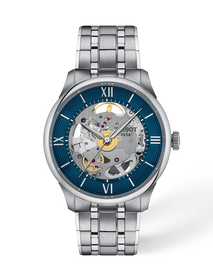 Vooraanzicht van het horloge Tissot Chemin des Tourelles Skeleton 39mm met schaduw