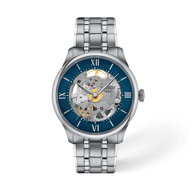 Vue de face de la montre Tissot Chemin des Tourelles Skeleton 39mm avec ombre