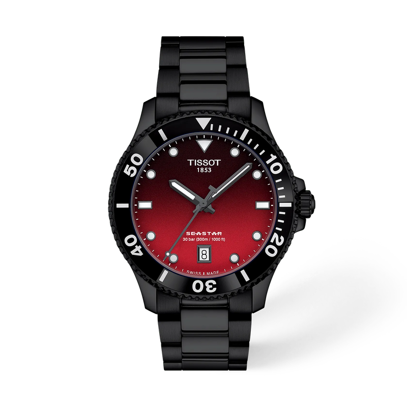Vooraanzicht van het horloge Tissot Seastar 1000 40mm met schaduw