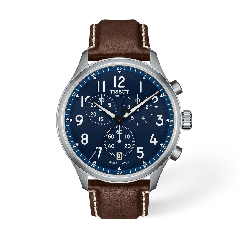 Front view of the watch Tissot Chrono XL Vintage 45mm with shadow