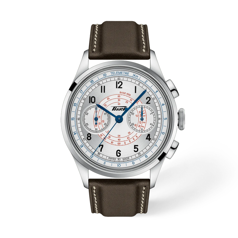 Front view of the watch Tissot Telemeter 1938 42mm with shadow