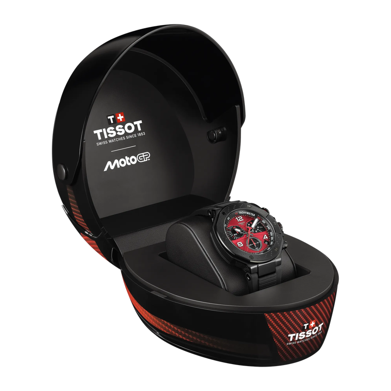 Front view of the watch Tissot T-Race MotoGP 2026 45mm with opened