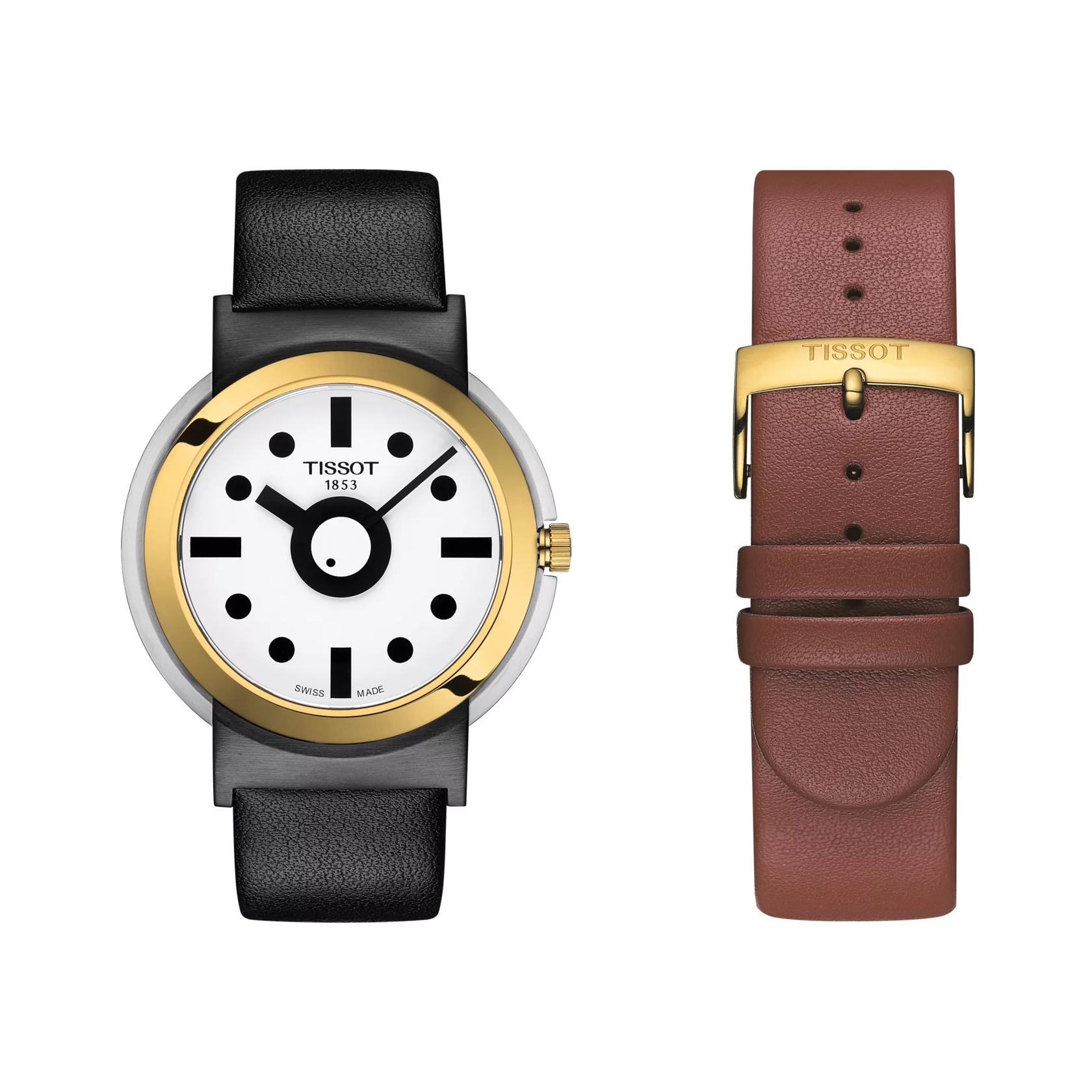 มุมมองด้านหน้าของนาฬิกา Tissot Heritage Memphis Gent พร้อมสายนาฬิกาเพิ่มเติม