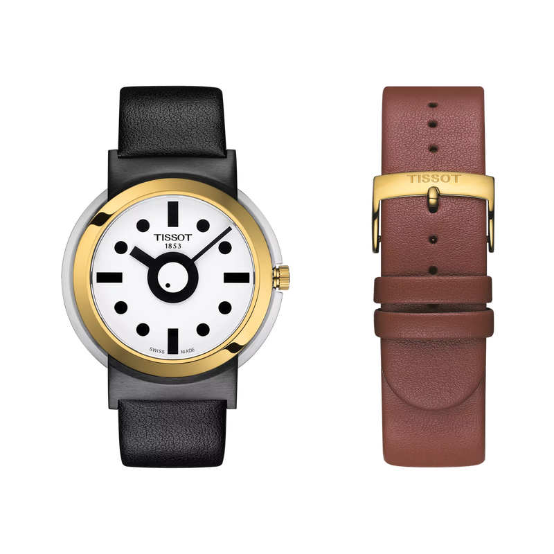 มุมมองด้านหน้าของนาฬิกา Tissot Heritage Memphis Gent พร้อมสายนาฬิกาเพิ่มเติม