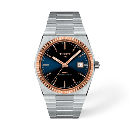 Front view of the watch Tissot PRX Gold 40mm with shadow