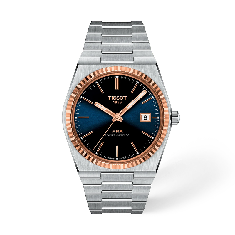 Front view of the watch Tissot PRX Gold 40mm with shadow