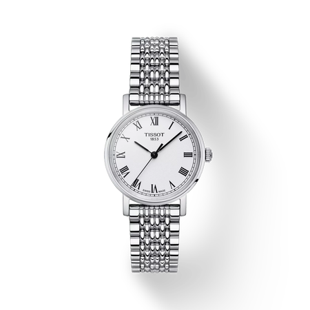 Front view of the watch Tissot Everytime 30mm Jungfraubahn Edition with shadow