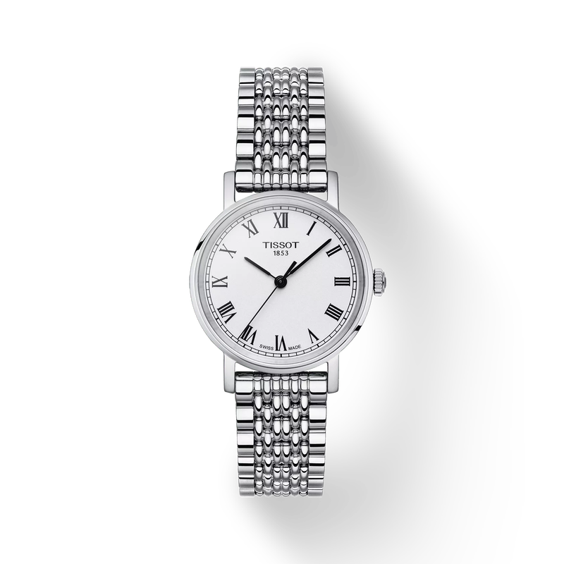 Front view of the watch Tissot Everytime 30mm Jungfraubahn Edition with shadow