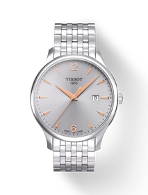 Vooraanzicht van het horloge Tissot Tradition met schaduw