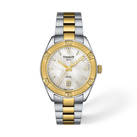 Front view of the watch Tissot PR 100 Sport Chic 36mm with shadow